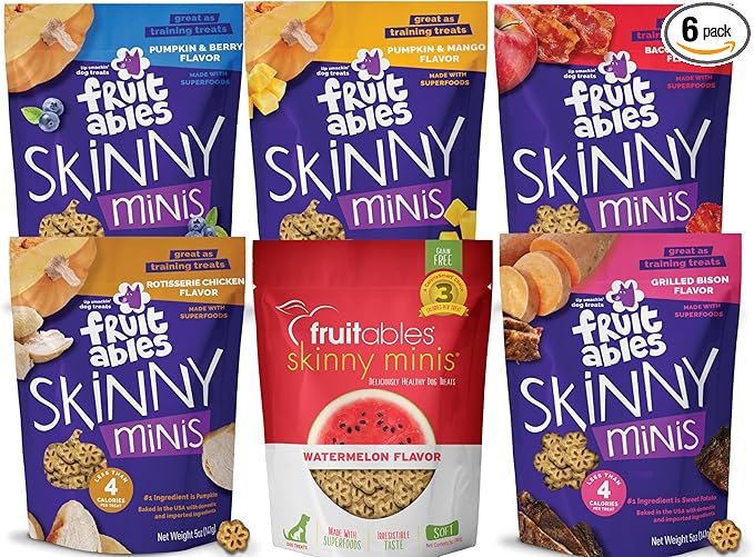 Fruitables Soft and Chewy Skinny Minis Grain Free Dog Training Treats Variety Pack of 6-1 of Each Flavor