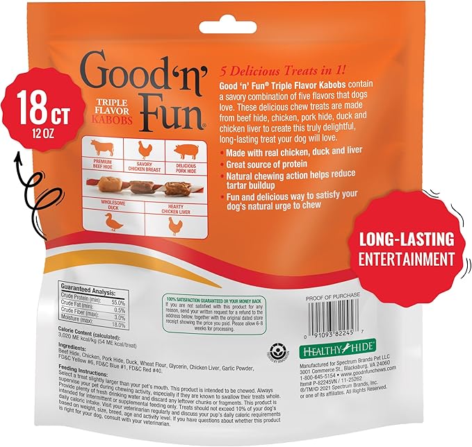 Good N Fun Triple Flavor Kabobs Chews for All Dogs, Treat Your Dog to Chews Made from Beef Hide, Real Chicken, Pork Hide, Duck and Chicken Liver, 18 Count (Pack of 2)