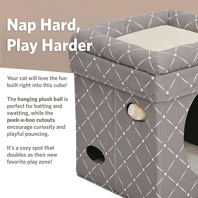 MidWest Homes for Pets Feline Nuvo Curious Cat Cube, Foldable Cat Hideout with Toy, Bolstered Bed Top, Mushroom Diamond, Faux Fur