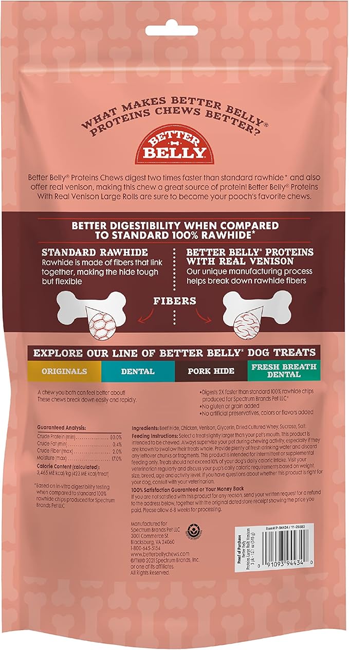 Better Belly Proteins with Real Venison Large Rolls 3 Count, Digestible Rawhide for Dogs, 12.1 Ounce (Pack of 3)