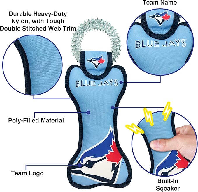 MLB Toronto Blue Jays Bone Shaped Dental Dog TUG Toy with Squeaker. Tough PET Toy for Healthy Fun, Teething, and Cleaning pet's Teeth and Gum.