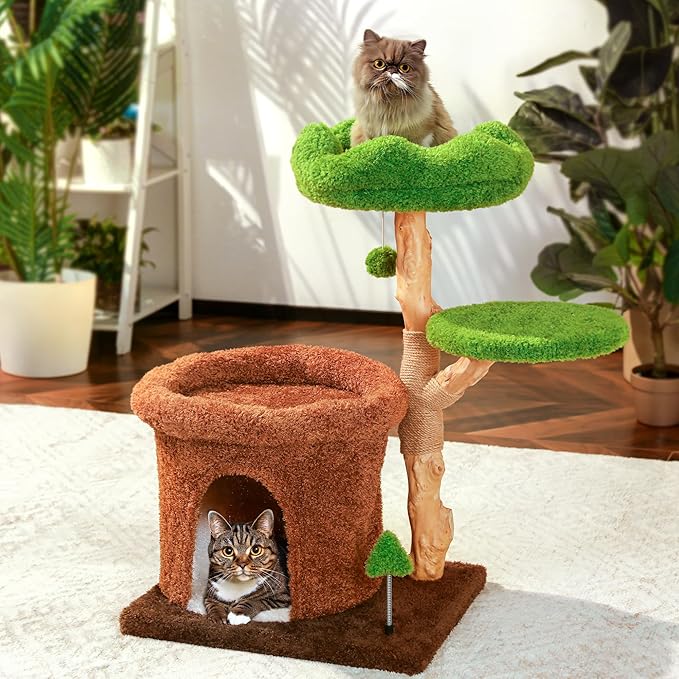 Fansafurn Cute Cat Tree with Scratching Posts, Bed & Condo, Multi-Level Cat Tower for Playful Cats and Multiple Cats, 32" Wooden Climbing Tower with Natural Wood & Soft Plush