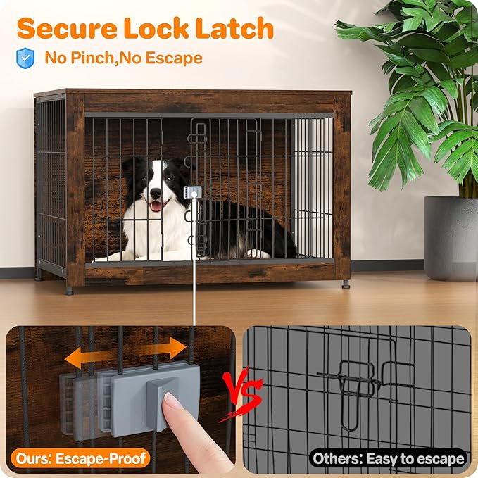 Escape Proof Decorative Dog Crate Furniture with Wooden Top, 38in Furniture Style End Table and Secure Indoor Kennel, Anti Anxiety for All Breeds, Aged Black