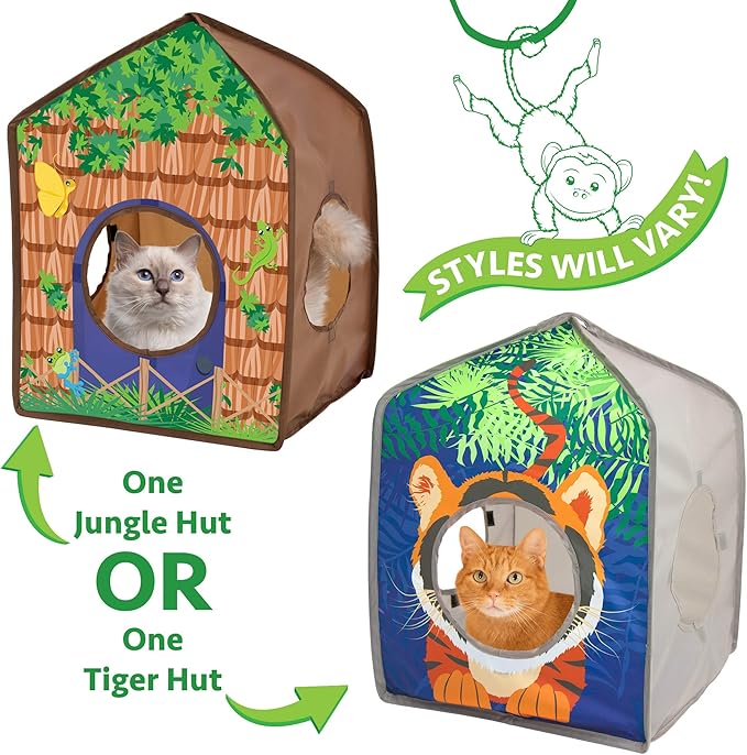 Kitty City Safari Jungle Tiger Pop-Up Cat House, Collapsible Indoor Cat Hideout with Peekaboo Openings, Lightweight Foldable Cat Playhouse