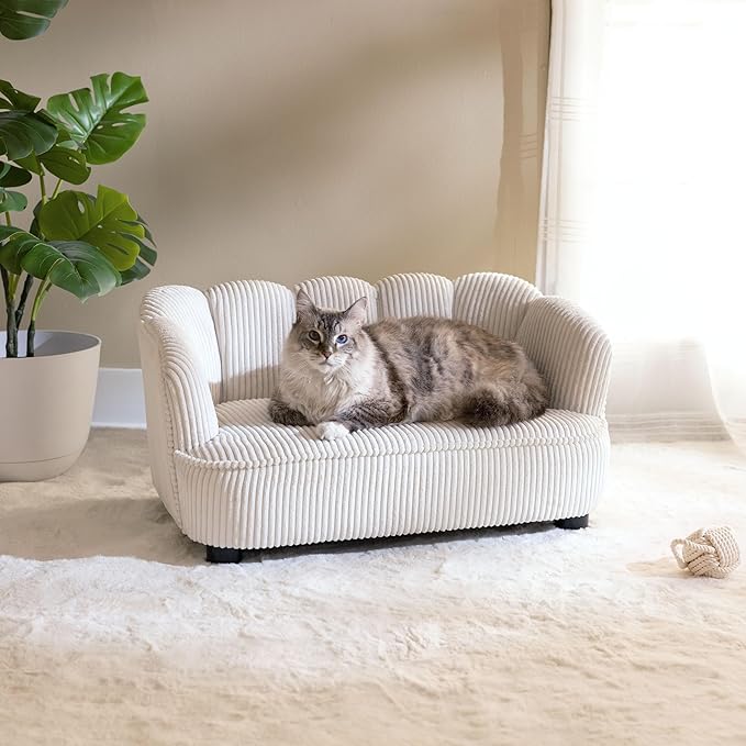 Paws & Purrs Retro Scalloped Back Sofa Style Pet Bed, Dog & Cat Couch with Tufted Cushion & Armrest, Stylish Indoor Pet Furniture, Cream