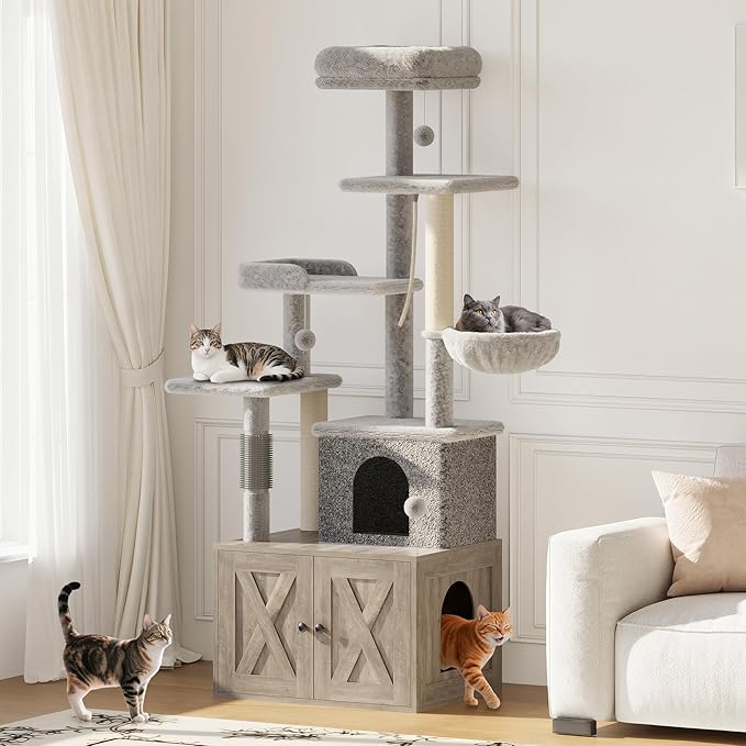 GarveeLife Litter Box Enclosure with Cat Tree, 2-in-1 Modern Cat Tower, Hidden Washroom Furniture, Wood Cat Condo with Scratching Post and Hammock, Indoor Pet Furniture with Multiple Platform, Grey