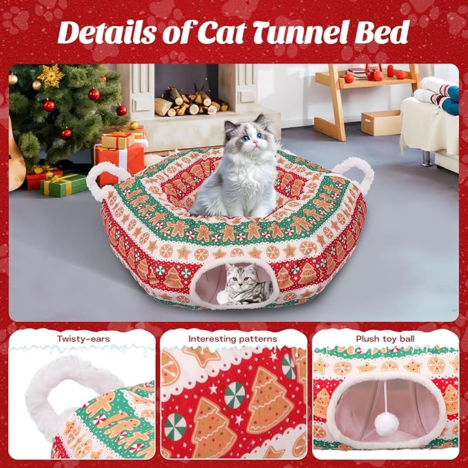 Christmas Tree Cat Tunnel, Soft Cat Tunnels for Indoor Cats with Middle Cushion, Cute Pet Donut Cave Bed Play Toys, Xmas Tree Decorations Protector Gifts