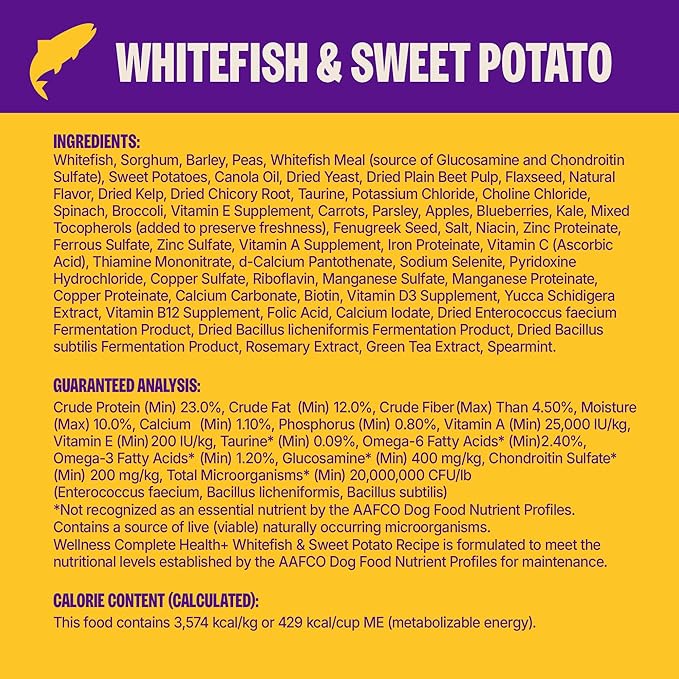 Wellness Complete Health+ Adult Dry Dog Food with Freeze Dried Wellbites, Wholesome Grain Kibble+, Natural, Chicken Free, Whitefish and Sweet Potato Recipe, 4 lb Bag