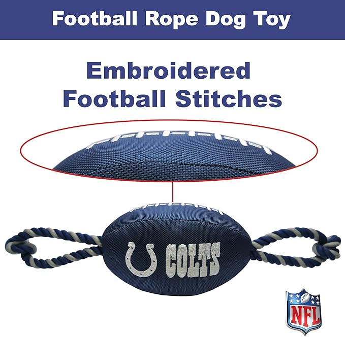 Pets First NFL Indianapolis Colts Football Dog Toy, Tough Quality Nylon Materials, Strong Pull Ropes, Inner Squeaker, NFL Team Color