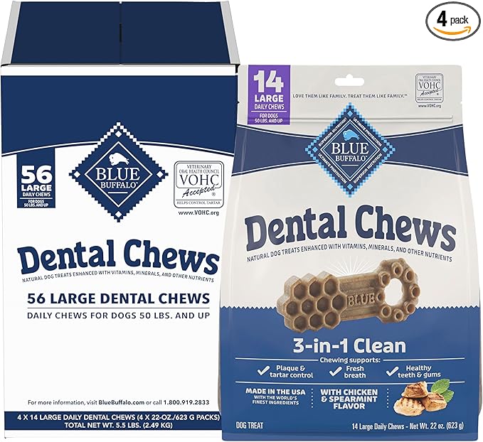 Blue Buffalo Large Dental Chews Bundle, Natural Dog Treats Enhanced with Vitamins, Minerals, and Other Nutrients, Four 22 oz. Bags