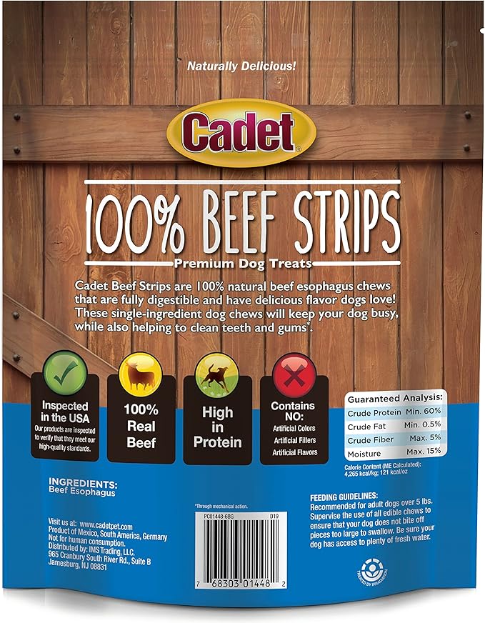 Cadet 100% Beef Strips Dog Treats, Single Ingredient Beef Esophagus Dog Jerky, Healthy High Protein Rawhide Alternative for Small & Large Dogs, 8 Ounce