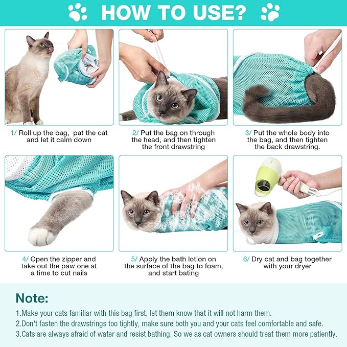 Shappy 2 Pcs Cat Bathing Bag Adjustable Cat Grooming Net Bag Breathable Anti Bite Anti Scratch Restraint Net for Pet Wash, Nail Trimming, Pet Examination, Ears Clean(Pink, Green)