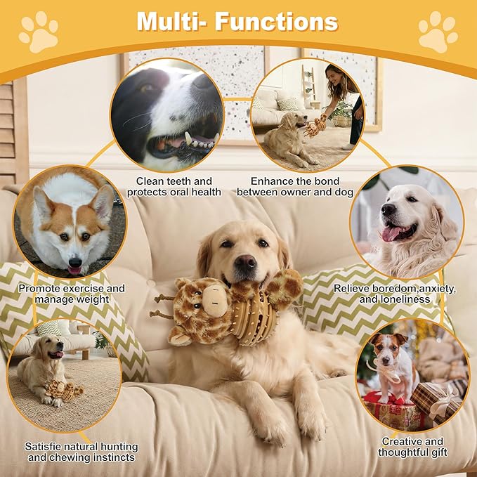 Giraffe Plush Squeaky Dog Toy with Rubber Treat Dispenser Puppy Teething Chew Toy Cute Fun Durable Multi-Functional Interactive Puzzle Dog Toy for Small Medium Large Dogs Toy Gift 21.5cm/8.46in