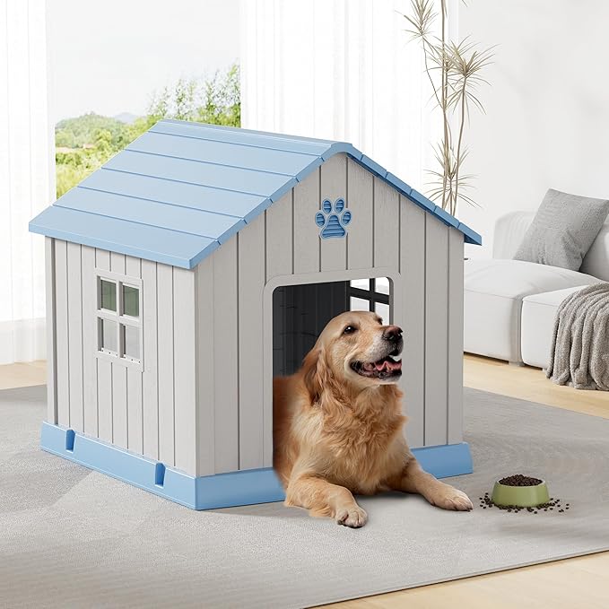 Bifanuo Dog House for Outdoor & Indoor Use with Window, Waterproof Ventilated Kennel with Elevated Floor, Easy to Clean Shelter for Small Medium Large Dogs (Blue, 37.2" L x 40" W x 40" H)