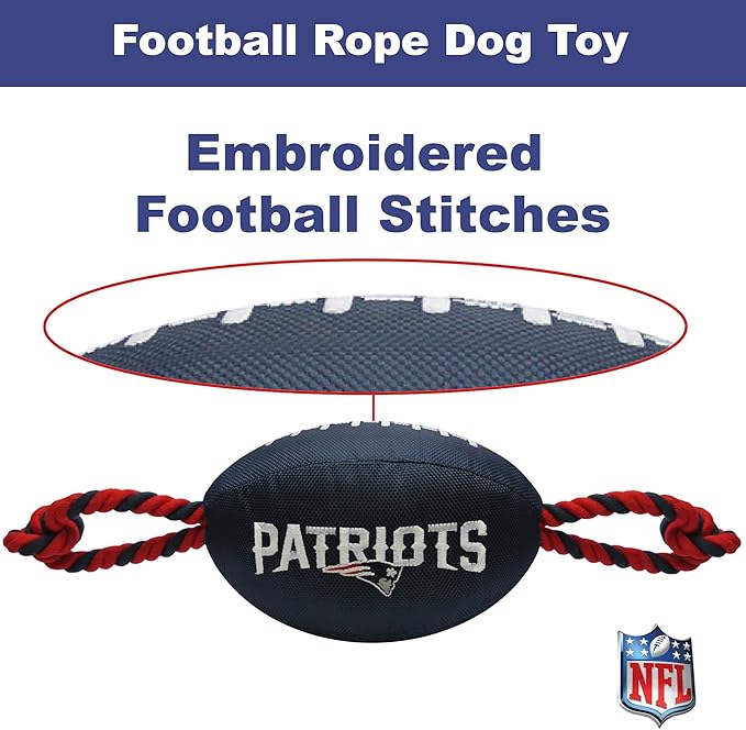 Pets First NFL New England Patriots Football Dog Toy, Tough Quality Nylon Materials, Strong Pull Ropes, Inner Squeaker, NFL Team Color