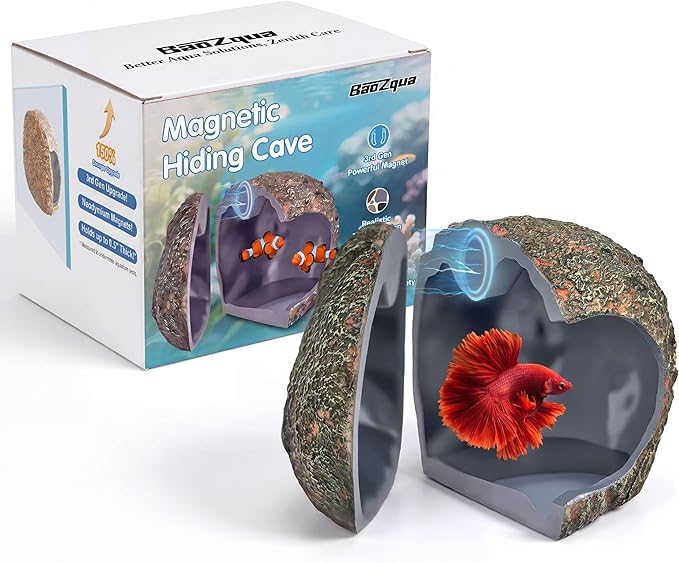 3rd-Gen Magnetic Aquarium Cave, Realistic Magnetic Rocks Fish Tank Decor with Strong Magnet, Resin Pleco Hideout for Betta, Cichlid and Shrimp, Easy Viewing Shelter for Small Fish and Reptiles