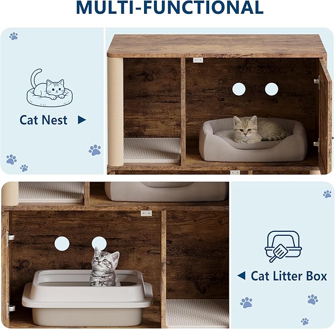 Double Litter Box Enclosure for 2 Cats, 2 Tier Litter Box Enclosure Furniture with Scratching Post and Dual Mats,Wood Cat Kitty House Cabinet,Modern Style