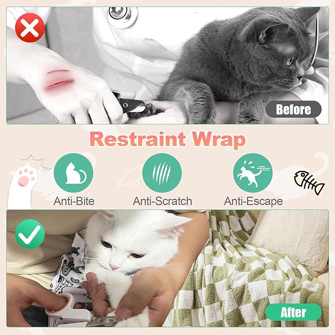 Cat Grooming Wrap for Nail Clipping, 27.6" Anti-Scratch & Escape-Proof Cat Restraint Swaddle, Pet Burrito Wrap Multifunctional Grooming Tool for Cats (Within 15lbs)