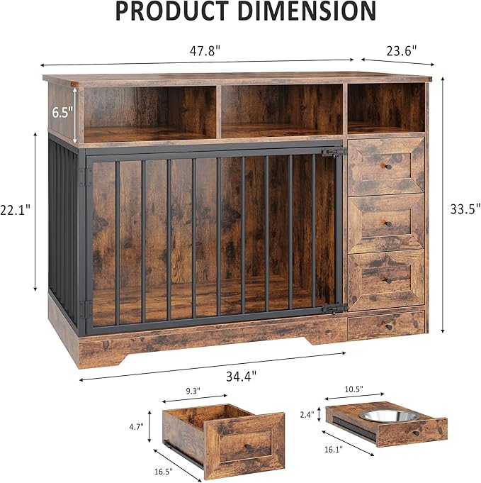 GarveeLife 48'' Dog Crate Furniture, Farmhouse Heavy Duty Dog Kennel with Bowl & Storage Drawers, Medium Dog Cage End Table for Small Medium Dogs, Retro Brown