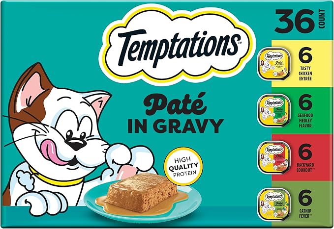 Temptations Pate in Gravy Adult Wet Cat Food Tasty Chicken Entree, Seafood Medley, Backyard Cookout, and Catnip Fever, 3.5 oz. Trays (36 Count, Pack of 1)