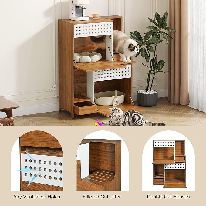 GDFStudio 44" Modern Cat Litter Box Enclosure Furniture, 2 in 1 Cat Furniture Set with Storage Shelf and Flip Door, Wooden Indoor Cat House, Space Saving Pet Furniture, Brown