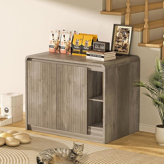 Cat Litter Box Enclosure for Automatic Litter Box, Litter Box Enclosure with Litter Collector and Power Outlet, Large Cat House with Adjustable Shelf for Dog Proof, Side Table, Grey