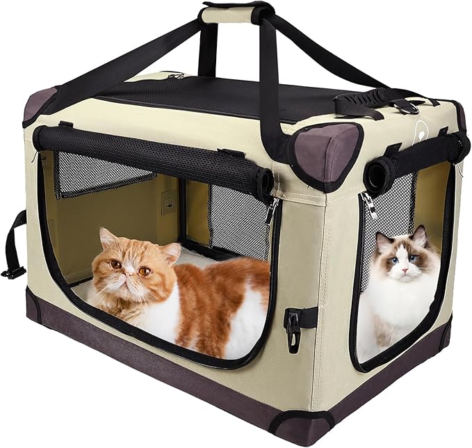PEGIC Large Cat Carrier for Car Travel, Soft Sided Collapsible Pet Carrier for Outdoor and Indoor Uses, Roomy Extra Large Carrier for 2 Kittens, Large Cat or Puppies up to 50lbs, Brown