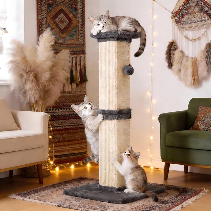 Fansafurn Tall Cat Scratching Post, 32'' Heavy Duty and Thick Scratching Post, Scratching Post for Adult Cats, Thick Sisal Rope with Hanging Ball, Grey