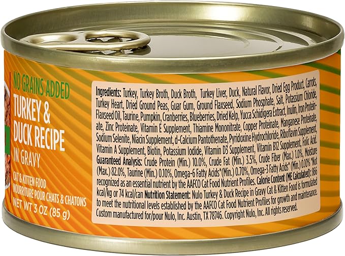Nulo Canned Wet Cat Food - Minced Turkey & Duck Recipe in Gravy, High Protein Grain-Free Cat Food for Indoor & Outdoor Kittens and Adults, 3oz Cans (24 Pack)