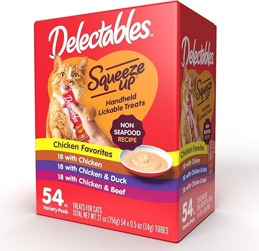 GYCO Delectables Squeeze up Non-Seafood Variety Pack Lickable Wet Cat Treats, 0.5oz Tube (54 Count). Made Without Any Fish Or Other Seafood Ingredients.