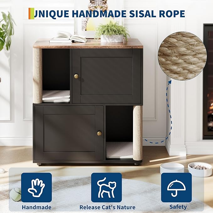 Double Cat Litter Box Enclosure for 2 Cats – 2-Layer Hidden Litter Box Furniture with Scratching Posts & Litter Mats, Space-Saving Modern Wooden Cat Washroom, End Table for Living Room, Black Door
