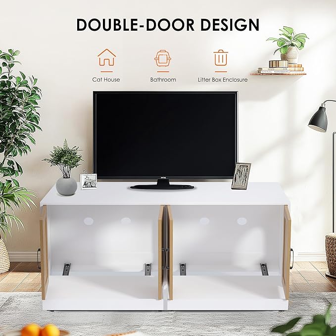 Double Room Litter Box Enclosure, 47 Inch 2 Cats Hidden Litter Box Furniture with Sisal Doors and Sliding Bottom Drawers, Wood Indoor Cat Cabinet TV Stand White
