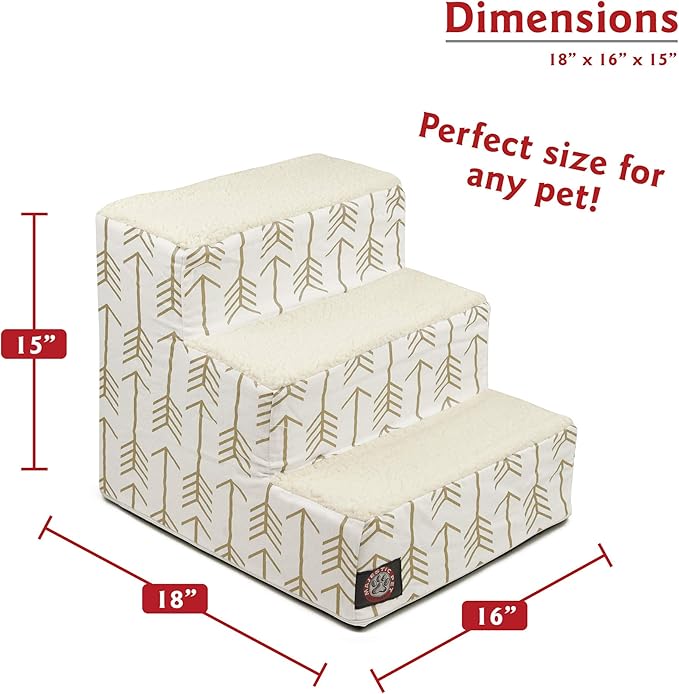 Majestic Pet 3 Step Portable Dog Stairs for Small Dogs to get on Bed Supports 25 lbs or Less – Dog Steps for High Bed with Machine Washable Cover – Pet Stairs for Cats Arrow White/Gold