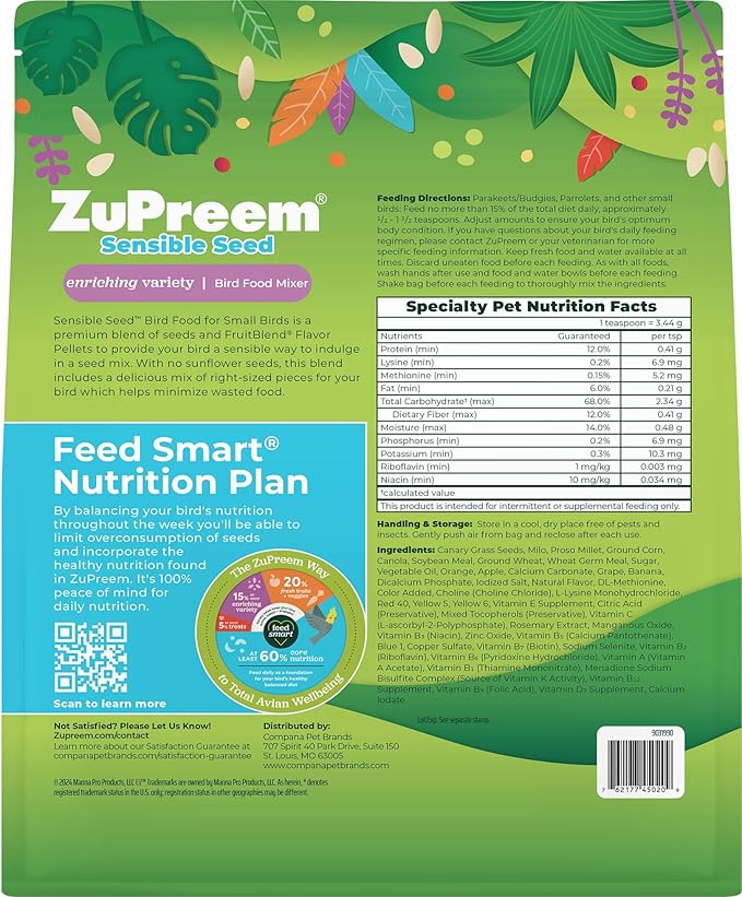 ZuPreem Natural Pellets + Sensible Seed Small Bird Food Bundle – Parakeet, Budgie, Finch, Canary & Dove Food – Pellet Diet + Seed Enrichment Mix, 2.25 lb Pellets & 2 lb Seed