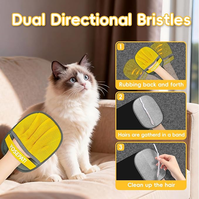 2 Pack Magic Brush Pet Hair Removal Gloves for Cat & Dog, Ectrostatic Five-Finger Fur Remover, The Magic Brush Pure Path Grooming Remover Glove for Laundry, Carpet & Car Seat (Grey & Yellow)