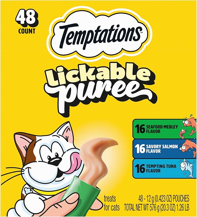 Temptations Creamy Puree Squeezable Lickable Cat Treats, Wet Cat Treats with Tuna, Salmon, and Seafood Medley Variety Pack, 0.42 oz. Tubes, 48 Count