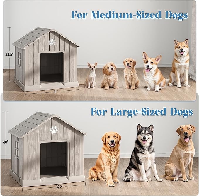 Bifanuo Dog House for Outdoor & Indoor Use with Window, Waterproof Ventilated Kennel with Elevated Floor, Easy to Clean Shelter for Small Medium Dogs (Grey, 29.9" L x 32.3" W x 32.5" H)