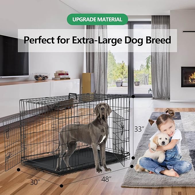 Dog Crate, 24/30/36/42/48 Inch Dog Crates for Small Medium Large Dogs Indoor, Folding Metal Dog Kennel Dog Cage with Double-Door, Divider Panel, Removable Tray, Locks and Handle, (48 Inch, Black)