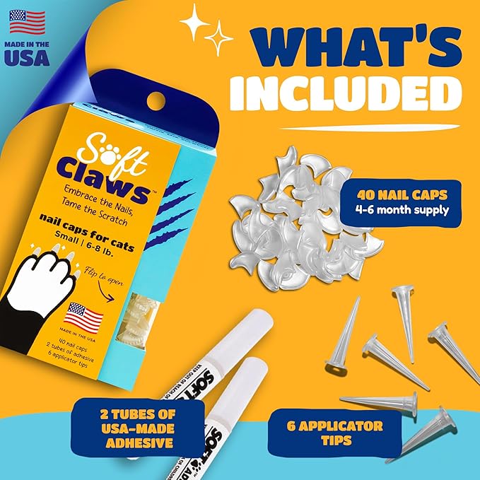 Soft Claws Nail Caps for Cats Made in USA - 40 Cat Claw Caps for 4-6 Weeks of Protection - Long-Lasting Cat Scratch Deterrent for Furniture - Orange, Small
