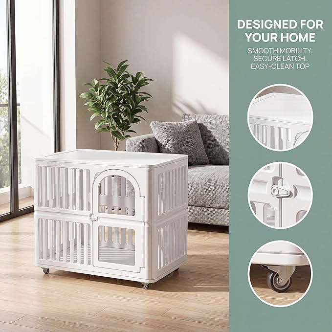 Plastic Dog Crate with Wheels, Single Door Indoor Outdoor Dog Kennel with Clear Acrylic Window, Ventilated, Easy Clean & Easy Assemble Pet Cage for Small/Medium Dogs