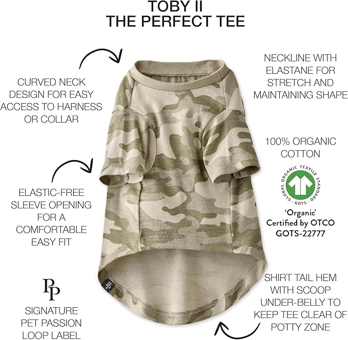 Pet Passion Toby II - The Perfect Tee, 3 Pack Short Sleeve Pet T-Shirt 100% Organic Cotton Tees Clothes for Small, Medium, Large Dogs, Sage Camo, Small (10-25 lbs)