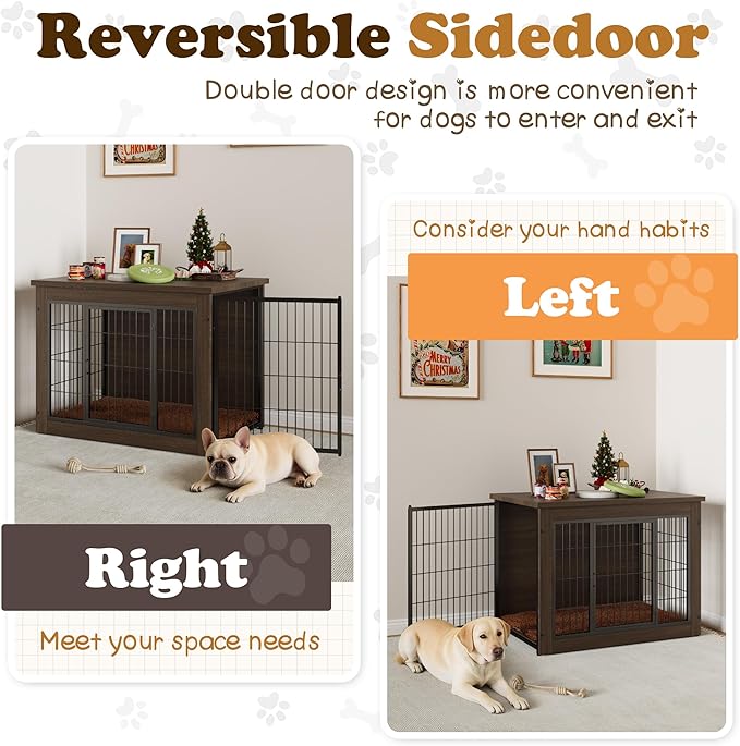 Dog Crate Furniture with Thick Cushion, Side End Table Wooden Dog Cage with Double Doors, Chew-Resistant Dog Kennel Dog House Indoor for Small to Large Dog