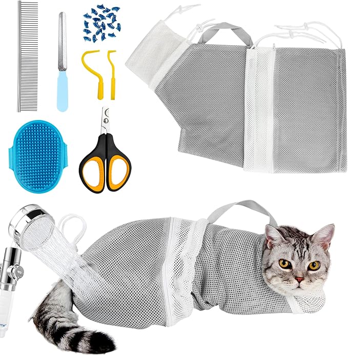 Cat Bathing Bag Adjustable Cat Grooming Net Bag Anti-bite & Anti-Scratch Cat Bath Washing Restraint Bag, Breathable Mesh Cat Grooming Bag for Shower, Nail Trimming, Injection