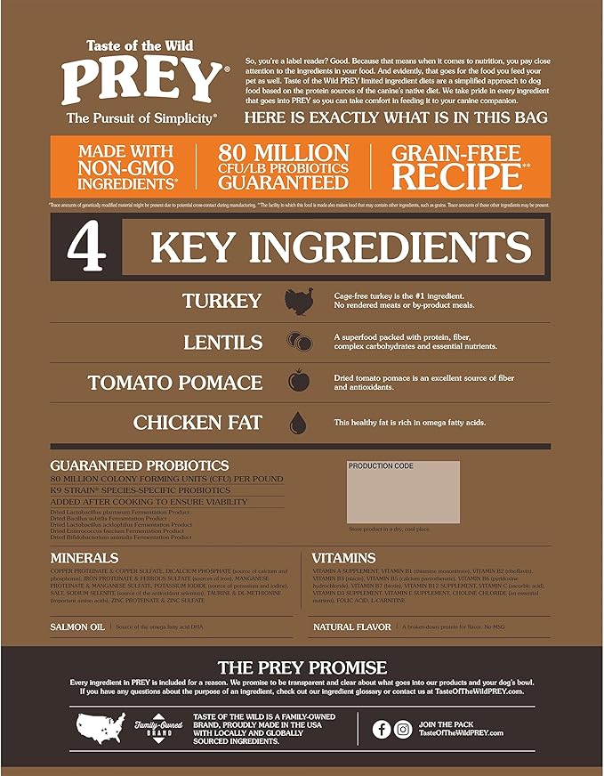 Taste of the Wild Prey Turkey Limited Ingredient Recipe Dry Dog Food 25 lb