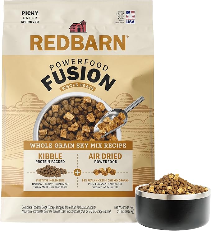 Redbarn Powerfood Fusion Air Dried Kibble Blend – Whole Grain Sky Chicken Recipe – Made in USA Dry Dog Food for All Lifestages with Superfoods, Prebiotics, Postbiotics - 20lb Bag