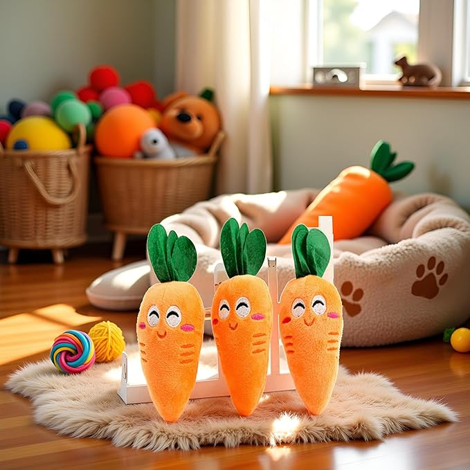 3Pcs Orange Soft Puppy Pet Supplies Cute Carrot Plush Chew Squeaker Sound Squeaky for Dog Cat Birthday Xmas Gifts, Squeak