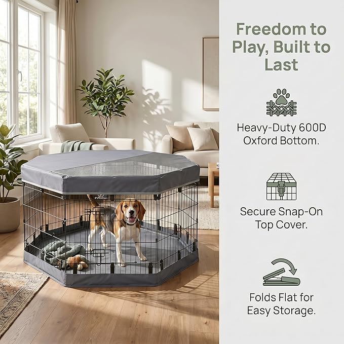 PJYuCien Dog Playpen with Top Cover and Bottom Pad - Metal Foldable Exercise Pen, 8 Panels 30" H x 24" W Indoor Outdoor Pet Fence Puppy Crate Kennel, Gray