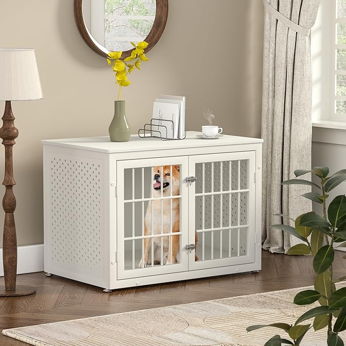 rehomerance 38" Heavy Duty Dog Crate Furniture for Large and Medium Dogs,Wooden Metal Kennel for High Anxiety Dogs, Chew Proof Pet Cage Indoor, Decorative Dog Kennel End Table, White