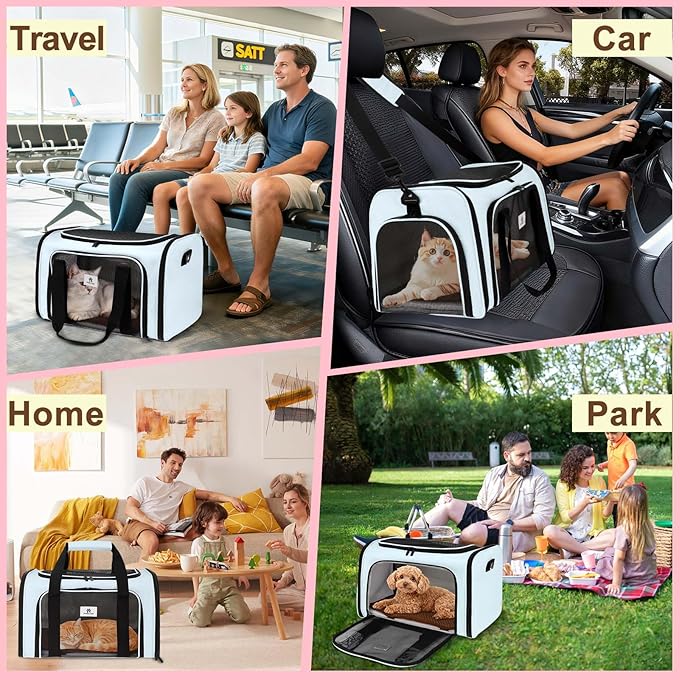 Cat Carrier - Cat Carrier Soft with Plush Pad & Cooling Mat, Easy-Load 4-Side Zipper & 3-Side Mesh Ventilation, Pet Carrier Airline Approved for Cats/Dogs Up to 16 lbs, Blue