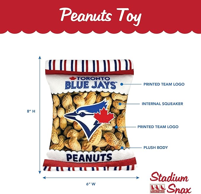 MLB Toronto Blue Jays Plush Peanuts Snack Toy for Dogs & Cats with Embroidered Team Name & Logo with Inner Squeaker